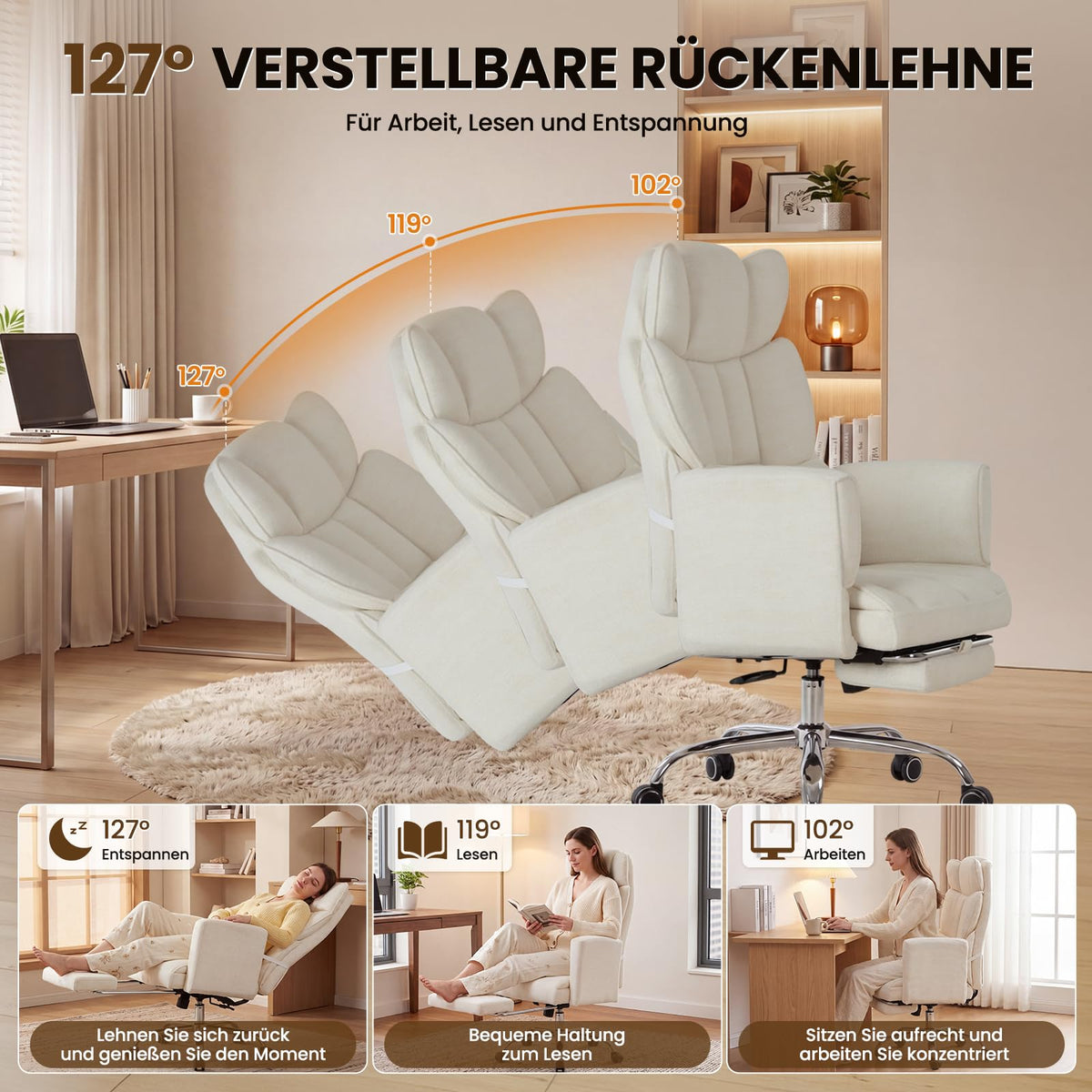 MALOL Bürostuhl Ergonomisch, 360° Drehbar Bürostuhl mit Fußstütze, Belastbar bis 180 kg, 102°-127° verstellbare Rückenlehne, 7 cm Höhenverstellbar, Komfortsessel für Home Office &
