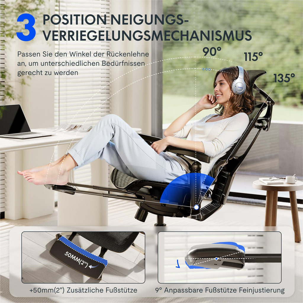 FLEXISPOT Bürostuhl · Schwarz · Mesh mit Fußstütze