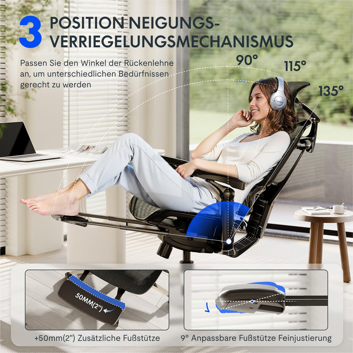 FLEXISPOT Bürostuhl · Schwarz · Mesh mit Fußstütze