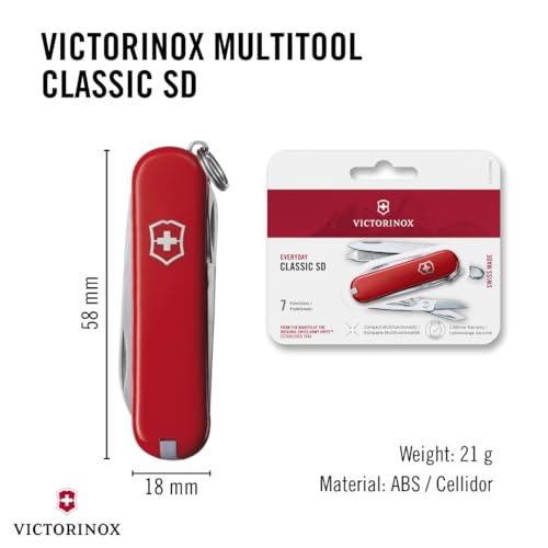 Victorinox Schweizer Taschenmesser, Klein, Classic SD, Multitool, Swiss Army Knife, Geschenk, 7 Funktionen, Klinge, Nagelfeile