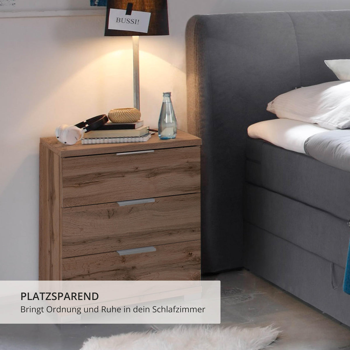 Stella Trading Universal Nachttisch in Wildeiche Optik - Moderner Nachtschrank mit drei Schubladen für Ihr Boxspringbett - 46 x 61 x 42 cm (B/H/T)