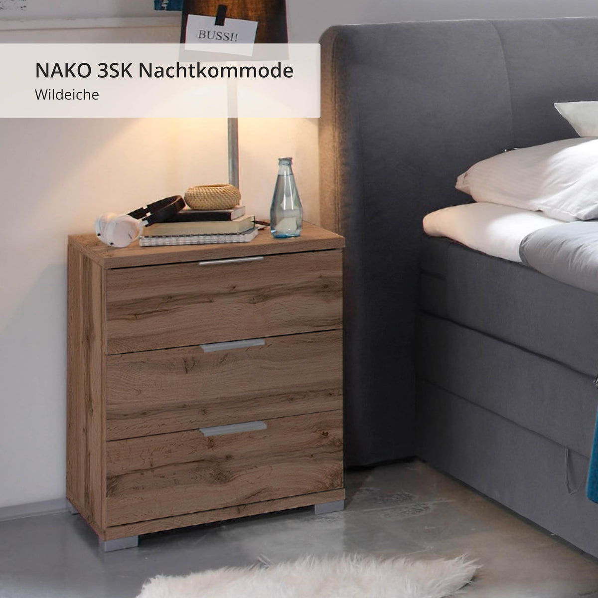 Stella Trading Universal Nachttisch in Wildeiche Optik - Moderner Nachtschrank mit drei Schubladen für Ihr Boxspringbett - 46 x 61 x 42 cm (B/H/T)
