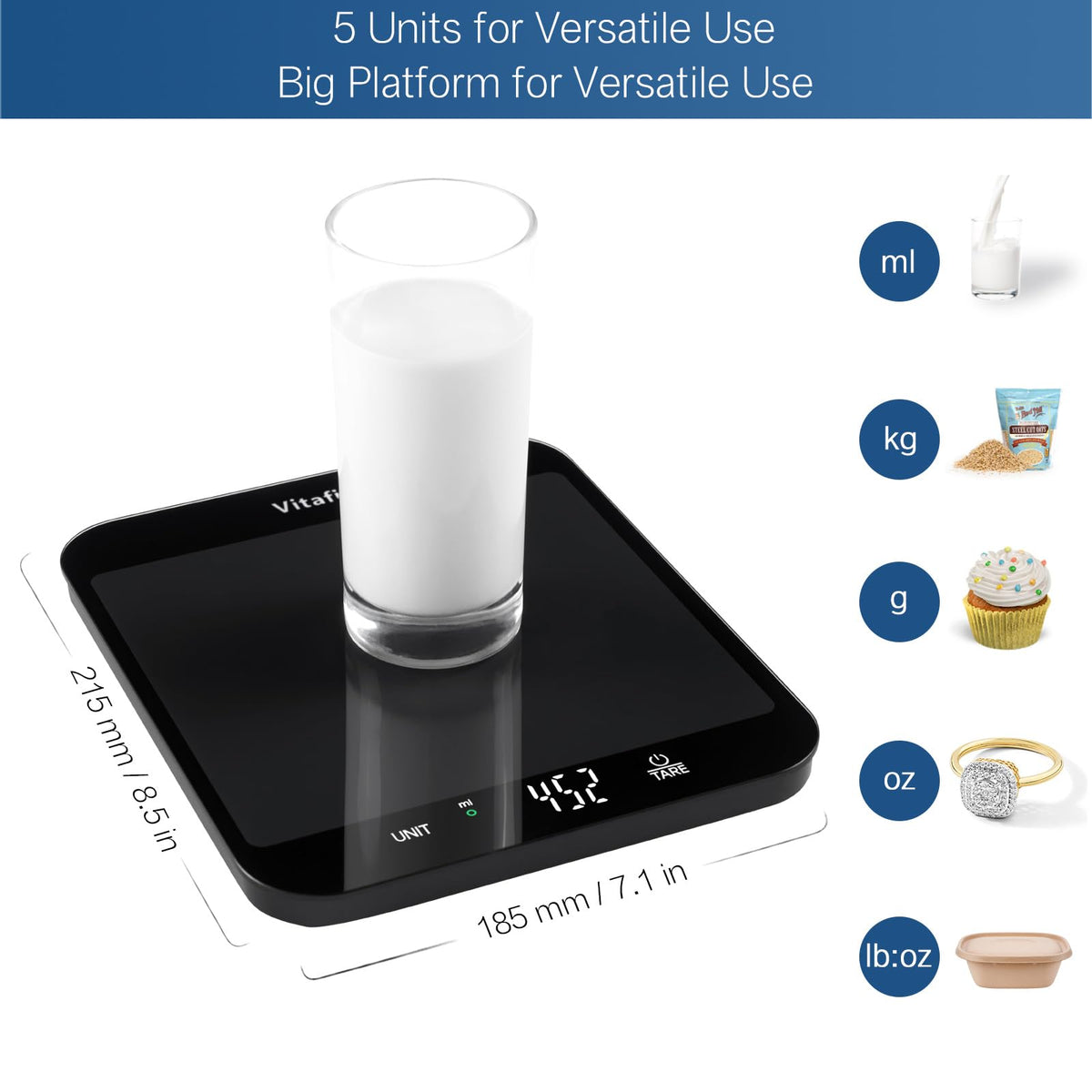 Vitafit 15kg Küchenwaage Digital Genauigkeit 1g, Große Plattform 215x180mm