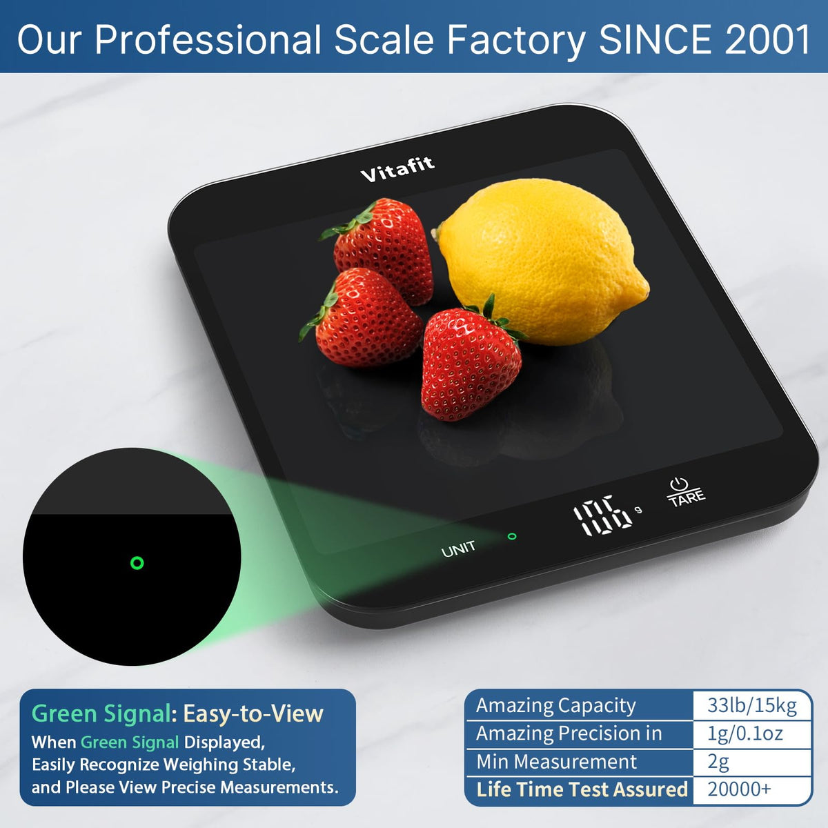 Vitafit 15kg Küchenwaage Digital Genauigkeit 1g, Große Plattform 215x180mm