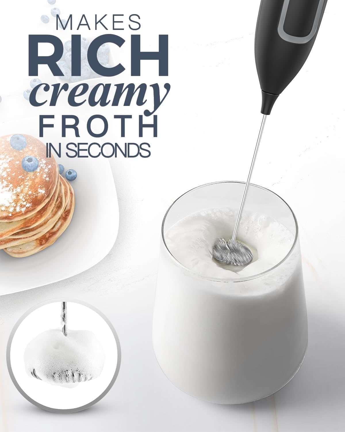 Milchaufschäumer Stab/Milchschäumer Elektrisch tragbarer mit Hoher Leistung Getränkemixer Kaffeebesen batteriebetriebener für Latte, Matcha-Tee, Cappuccino, Schwarz