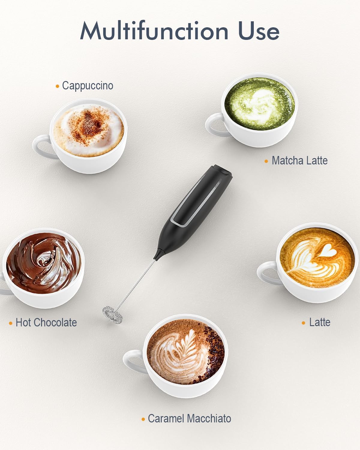 Milchaufschäumer Stab/Milchschäumer Elektrisch tragbarer mit Hoher Leistung Getränkemixer Kaffeebesen batteriebetriebener für Latte, Matcha-Tee, Cappuccino, Schwarz