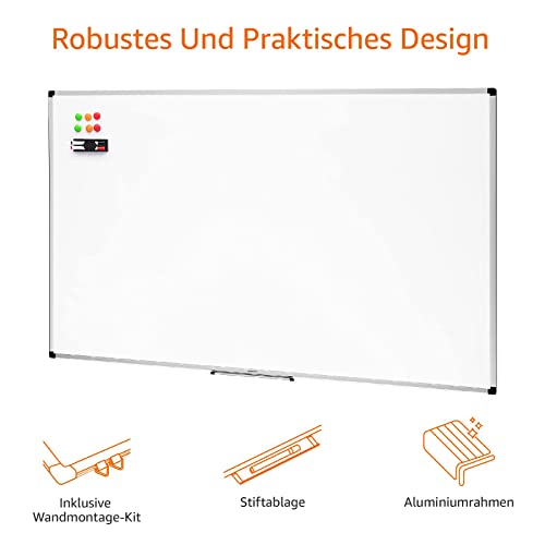 Amazon Basics Magnet-Whiteboard mit Aluminiumrahmen, Stifthalter, 6 Magneten, 1 Radiergummi und 2 Markern für Büro und Zuhause, zur Wandmontage, Trocken Abwischbar, 90cm x 60cm