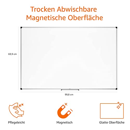 Amazon Basics Magnet-Whiteboard mit Aluminiumrahmen, Stifthalter, 6 Magneten, 1 Radiergummi und 2 Markern für Büro und Zuhause, zur Wandmontage, Trocken Abwischbar, 90cm x 60cm