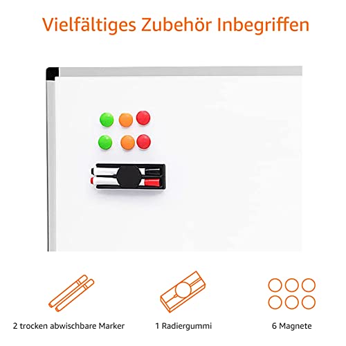 Amazon Basics Magnet-Whiteboard mit Aluminiumrahmen, Stifthalter, 6 Magneten, 1 Radiergummi und 2 Markern für Büro und Zuhause, zur Wandmontage, Trocken Abwischbar, 90cm x 60cm