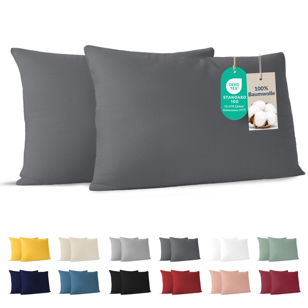 Dreamzie - Kissenbezug 40 x 80cm - 2er Set - 100% Baumwolle - Anthrazit