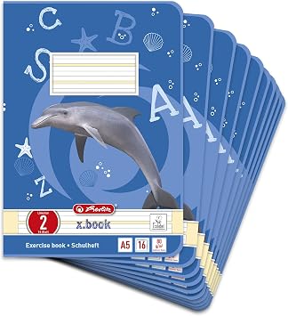 herlitz Schulheft x.book A5, Lineatur 2, 2. Klasse, liniert, farbig hinterlegt, 16 Blatt, 10 Stück