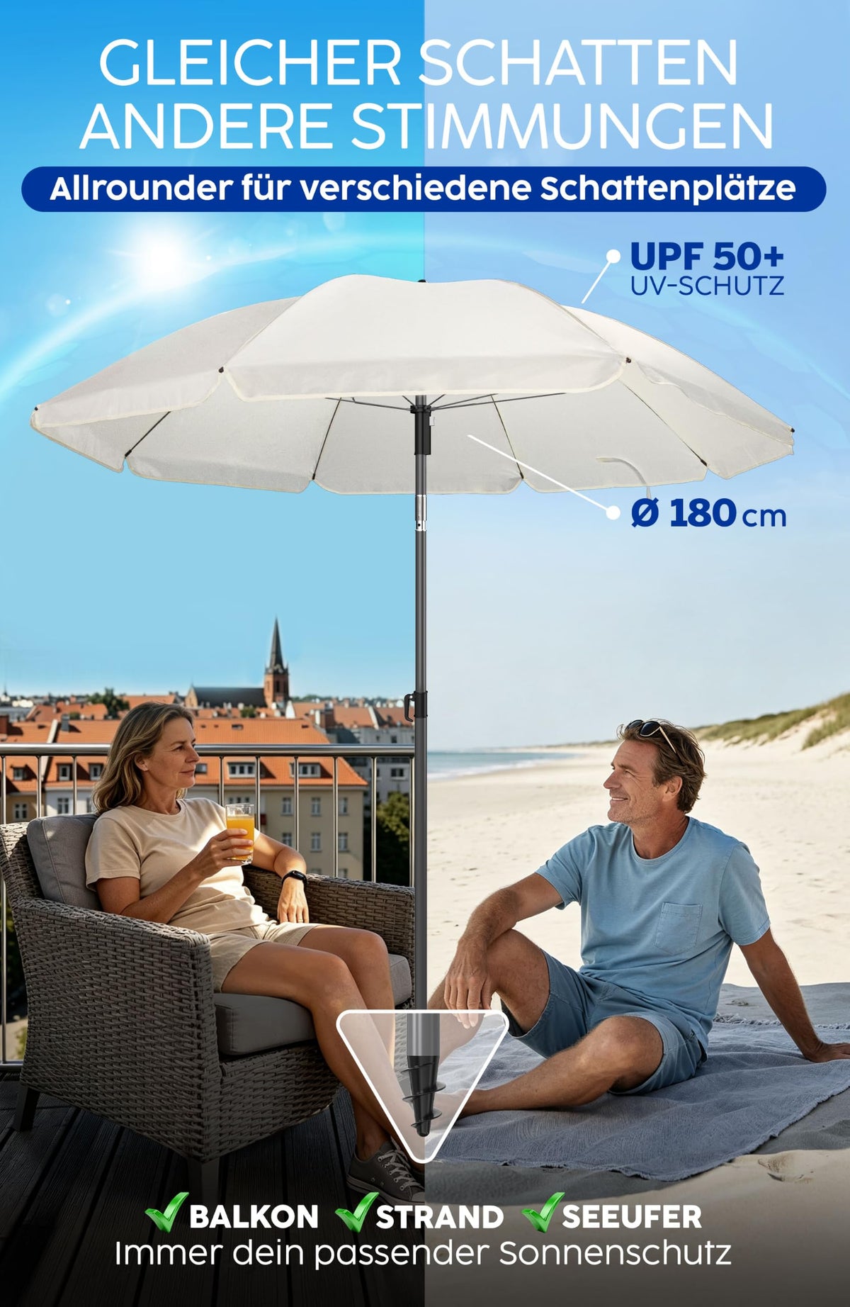 4smile Sonnenschirm Strand Ø 180 cm, Beige