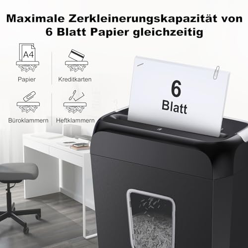 Bonsaii Aktenvernichter 6 Blatt, P-4 Partikelschnitt für Kreditkarten