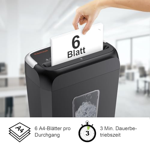 Bonsaii Aktenvernichter 6 Blatt, P-4 Partikelschnitt für Kreditkarten
