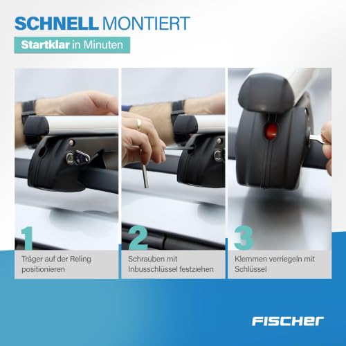 FISCHER Relingträger TopLine XL, für Fahrradträger, Dachboxen oder als Skihalter, für offene Dachrelinge, Aluminium, Tragkraft 90 kg, vormontiert, inklusive Schloss, Barrenstärke 45 x 28 mm, Barrenlän