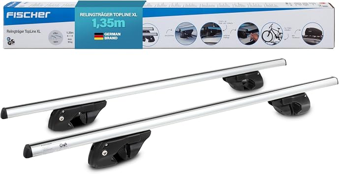 FISCHER Relingträger TopLine XL, für Fahrradträger, Dachboxen oder als Skihalter, für offene Dachrelinge, Aluminium, Tragkraft 90 kg, vormontiert, inklusive Schloss, Barrenstärke 45 x 28 mm, Barrenlän