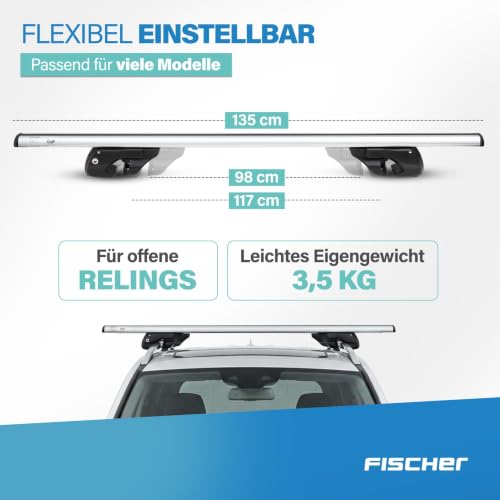 FISCHER Relingträger TopLine XL, für Fahrradträger, Dachboxen oder als Skihalter, für offene Dachrelinge, Aluminium, Tragkraft 90 kg, vormontiert, inklusive Schloss, Barrenstärke 45 x 28 mm, Barrenlän