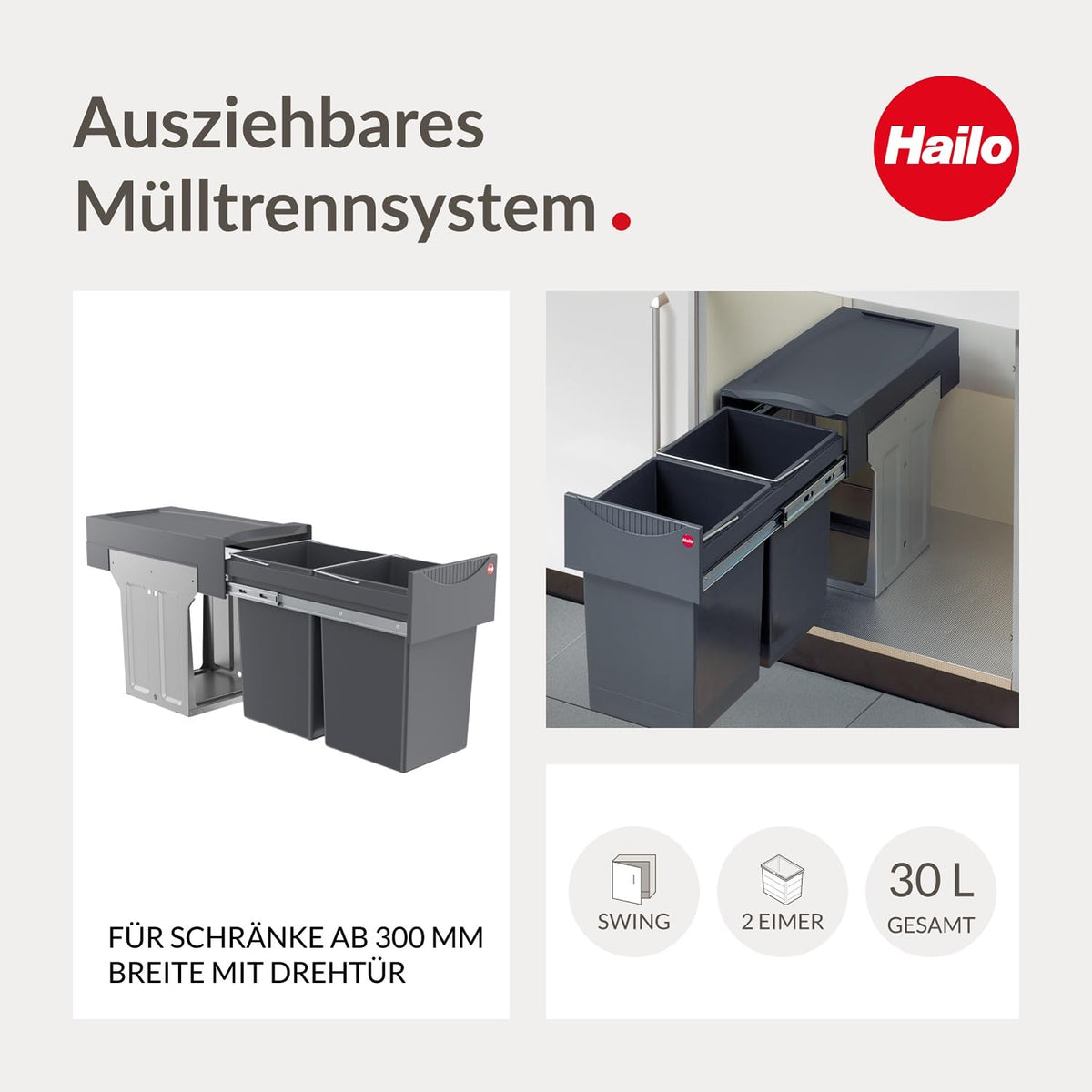 Hailo AS Tandem 15/15 dunkelgrau - 3666101 Einbau Abfallsammler