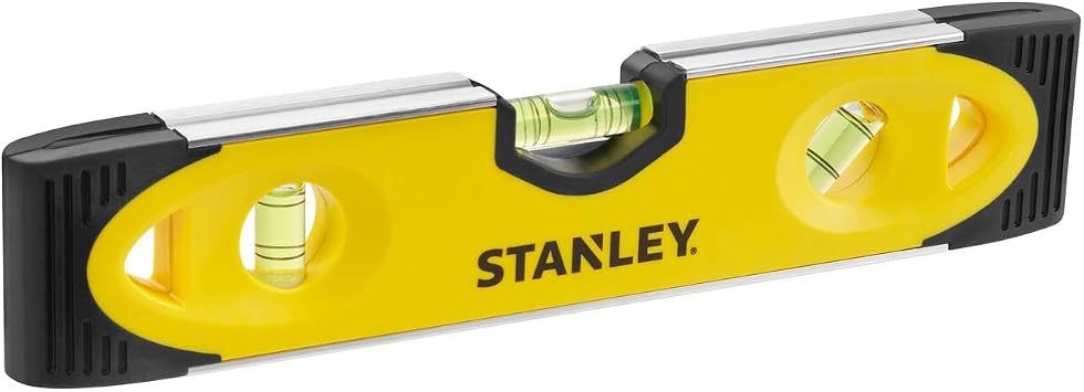 Stanley Torpedo-Wasserwaage 0-43-511 (23cm Länge, Kunststoff mit Aluminiumrahmen, magnetisch, mit V-Naht, je 1x horizontale, vertikale & 45° Libelle, Genauigkeit: +/- 1,5 mm/m)