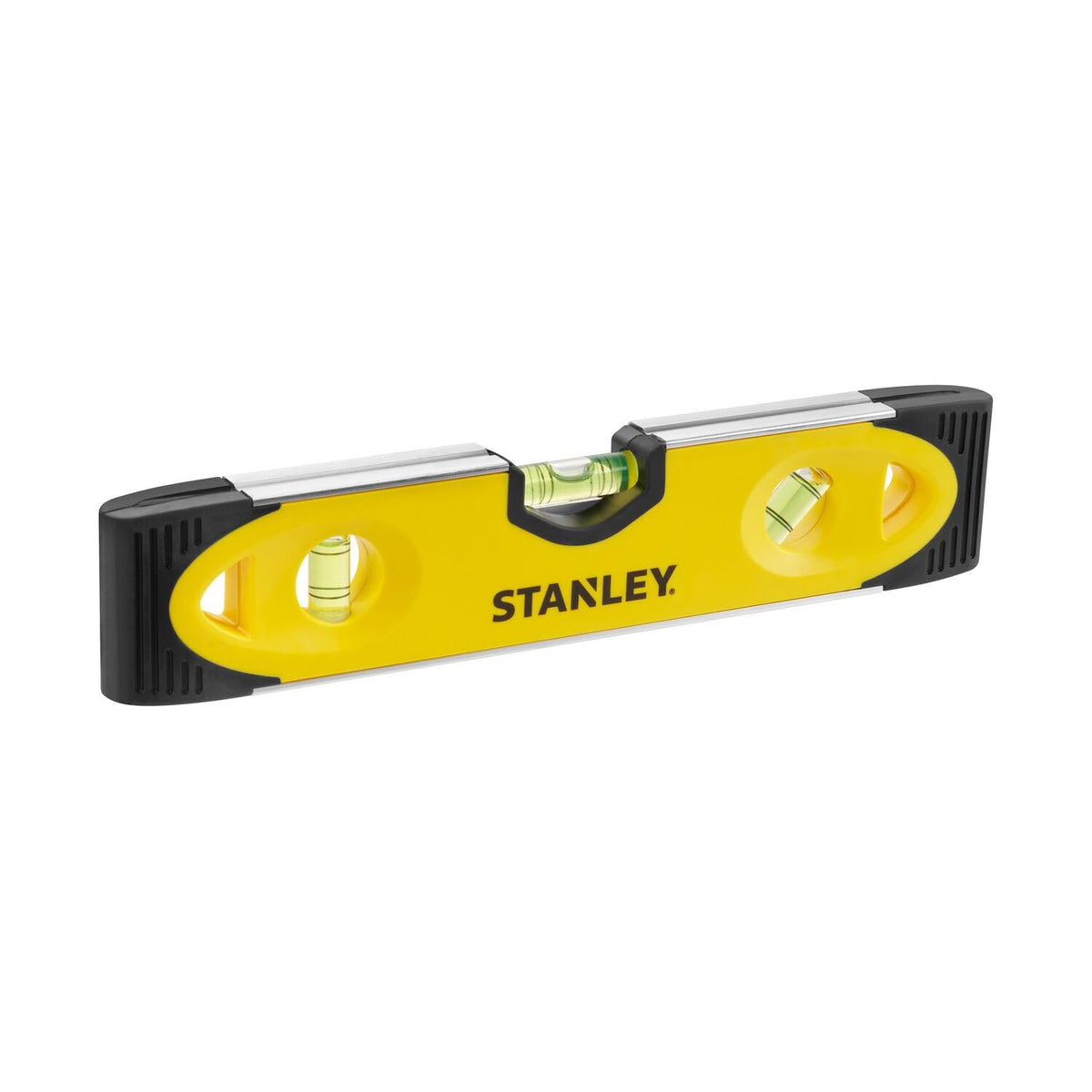 Stanley Torpedo-Wasserwaage 0-43-511 (23cm Länge, Kunststoff mit Aluminiumrahmen, magnetisch, mit V-Naht, je 1x horizontale, vertikale & 45° Libelle, Genauigkeit: +/- 1,5 mm/m)