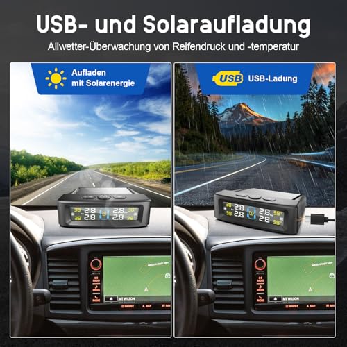 TPMS Reifendrucküberwachungssystem, Solar-Reifendrucksensor mit 4 externen Sensoren & LCD-Display, 0-73PSI drahtloses Auto-Reifendruckmessgerät Echtzeit-Alarmsystem (Schwarz)