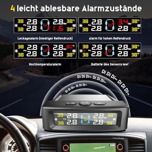 TPMS Reifendrucküberwachungssystem, Solar-Reifendrucksensor mit 4 externen Sensoren & LCD-Display, 0-73PSI drahtloses Auto-Reifendruckmessgerät Echtzeit-Alarmsystem (Schwarz)