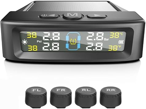 TPMS Reifendrucküberwachungssystem, Solar-Reifendrucksensor mit 4 externen Sensoren & LCD-Display, 0-73PSI drahtloses Auto-Reifendruckmessgerät Echtzeit-Alarmsystem (Schwarz)