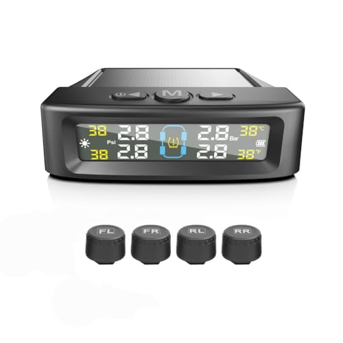 TPMS Reifendrucküberwachungssystem, Solar-Reifendrucksensor mit 4 externen Sensoren & LCD-Display, 0-73PSI drahtloses Auto-Reifendruckmessgerät Echtzeit-Alarmsystem (Schwarz)