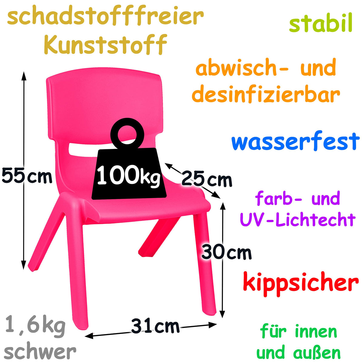 alles-meine.de GmbH 4 Stück - Kinderstühle/Stühle Farbe wählbar pink/kräftiges rosa - Plastik - bis 100 kg belastbar/kippsicher - für INNEN & AUßEN - 0-99 Jahre - sta..