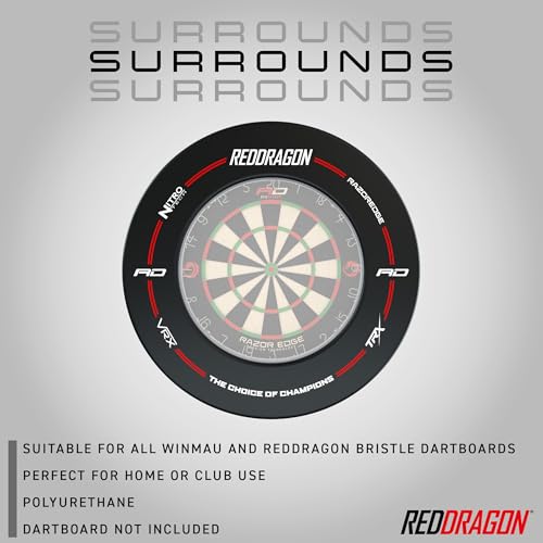 RED DRAGON Marken-Dartscheiben-Umrandungsring – Rückwand aus hochdichtem Schaumstoff, universell passend für Standard-Borstendartscheiben, 360°-Abdeckung, werkzeuglose Montage