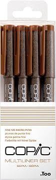 COPIC Multiliner Set, Sepia, 4 Fineliner in verschiedenen Strichstärken, Zeichen Stifte mit einer feinen Spitze und wasserbeständiger Pigmenttinte