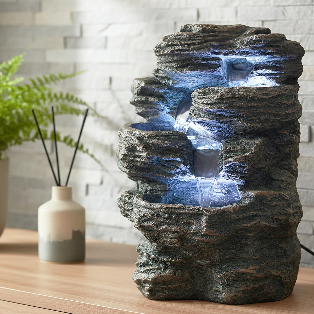Arnusa Springbrunnen Niagara mit LED Beleuchtung IN-&Outdoor Zimmerbrunnen Gartenbrunnen Luftbefeuchter, Grau Natur
