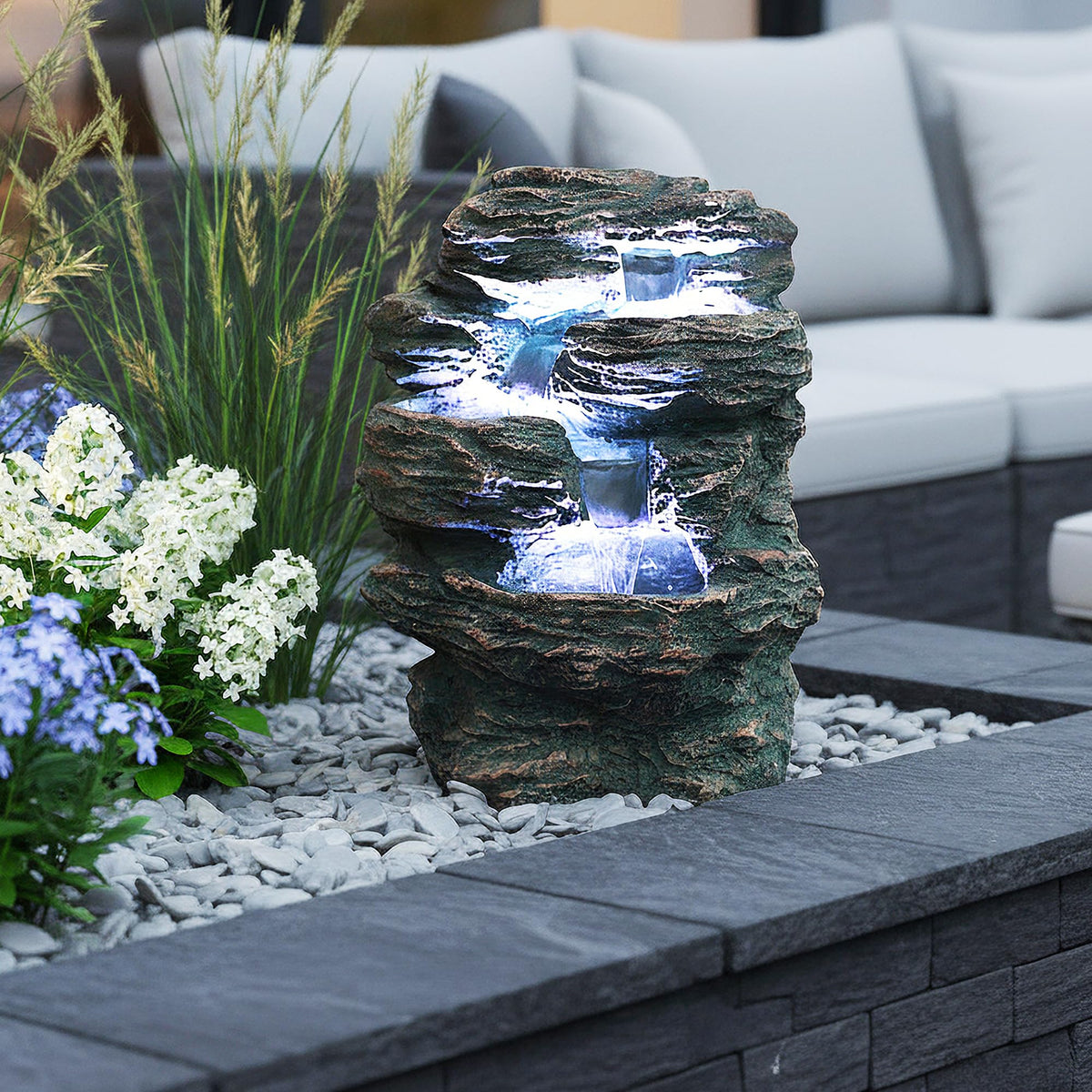 Arnusa Springbrunnen Niagara mit LED Beleuchtung IN-&Outdoor Zimmerbrunnen Gartenbrunnen Luftbefeuchter, Grau Natur