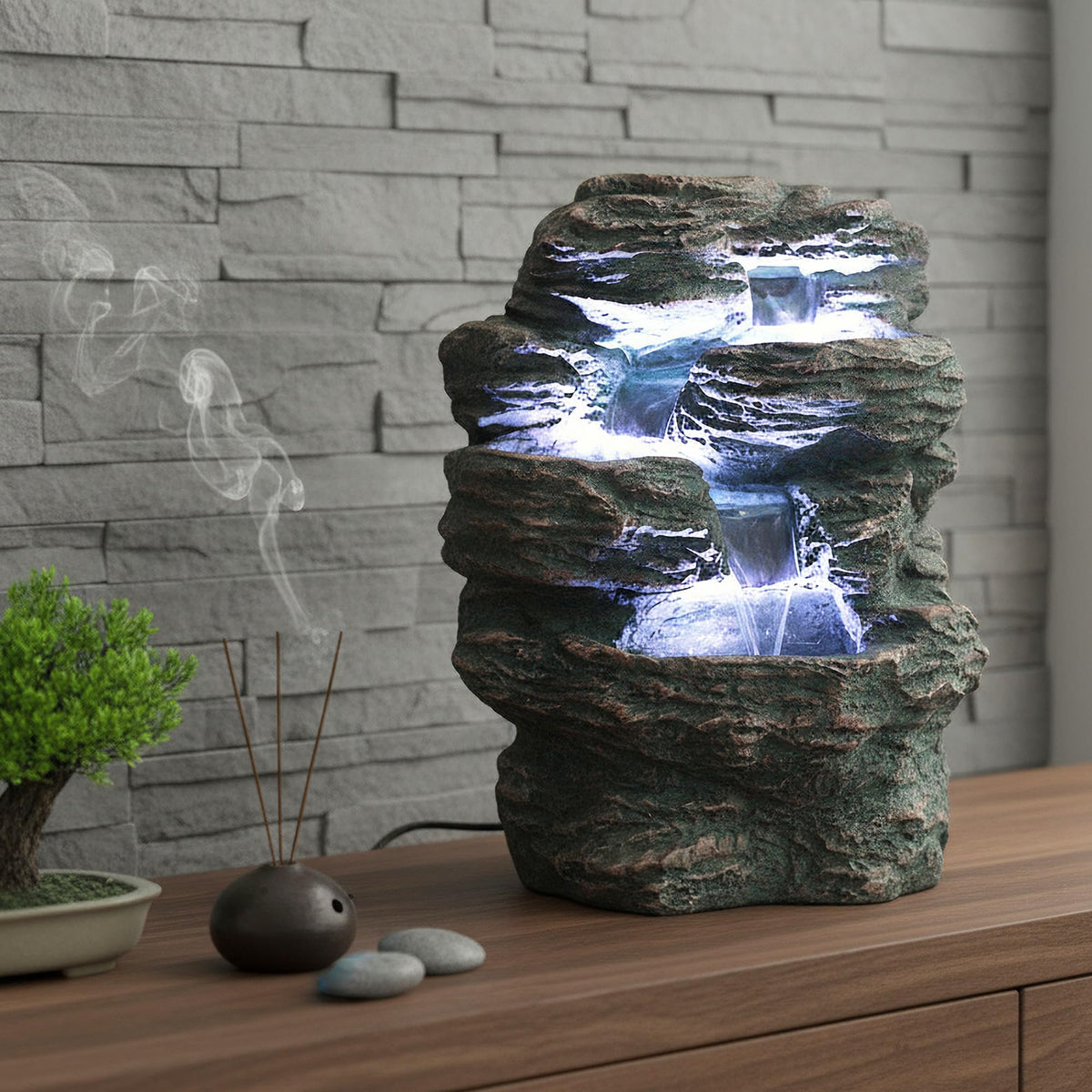 Arnusa Springbrunnen Niagara mit LED Beleuchtung IN-&Outdoor Zimmerbrunnen Gartenbrunnen Luftbefeuchter, Grau Natur