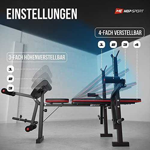 Hop-Sport Hantelbank mit Curlpult, Butterfly, Beincurler & klappbarer Trainingsbank, inkl. 38 kg bis 129,5 kg Hantelset, SZ-Stange, Langhantel, Kurzhanteln – Fitnessbank für Heimtraining