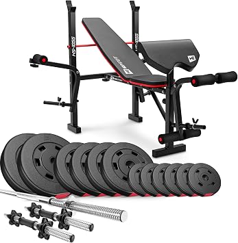 Hop-Sport Hantelbank mit Curlpult, Butterfly, Beincurler & klappbarer Trainingsbank, inkl. 38 kg bis 129,5 kg Hantelset, SZ-Stange, Langhantel, Kurzhanteln – Fitnessbank für Heimtraining