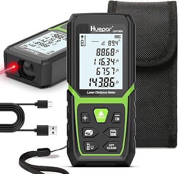 Huepar Laser Entfernungsmesser 120M mit Li-Ion-Akku, mit LCD Hintergrundbeleuchtung M/In/Ft mit Mehreren Messmodi wie Pythagoras/Abstand/Fläche/Volumen Messungen, Verwendung in Innenräumen LM120A