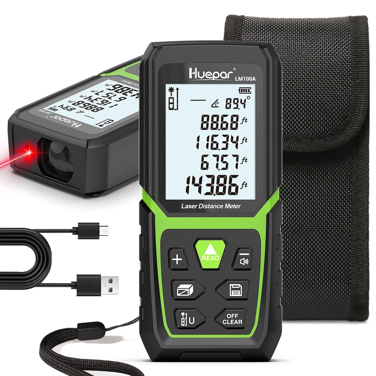Huepar Laser Entfernungsmesser 120M mit Li-Ion-Akku, mit LCD Hintergrundbeleuchtung M/In/Ft mit Mehreren Messmodi wie Pythagoras/Abstand/Fläche/Volumen Messungen, Verwendung in Innenräumen LM120A