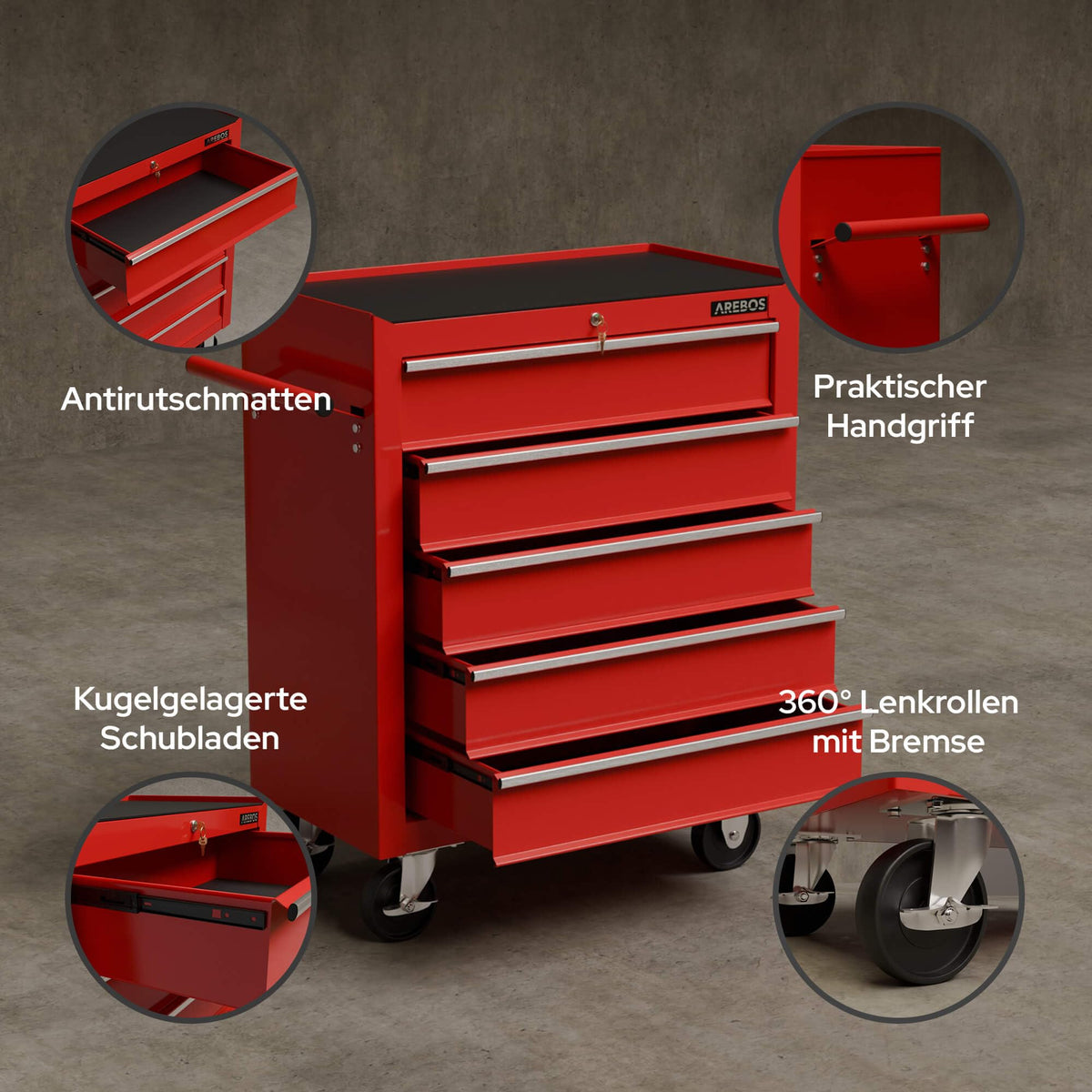 Arebos Werkstattwagen 5 Fächer | Rollwagen zentral abschließbar | Rot