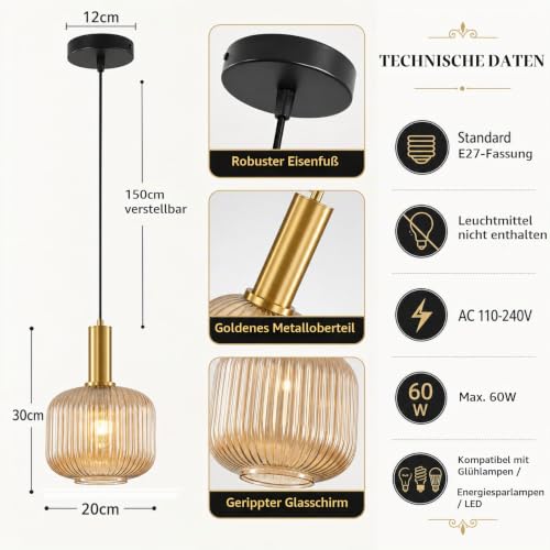 Moderne Vintage Glas Lampenschirm Hängeleuchten & Pendelleuchten, E27 Gold Lampenfassung, Hängelampe einflammig für Küche, Esstisch, Schlafzimmer und Wohnzimmer (Bernstein, 20cm)