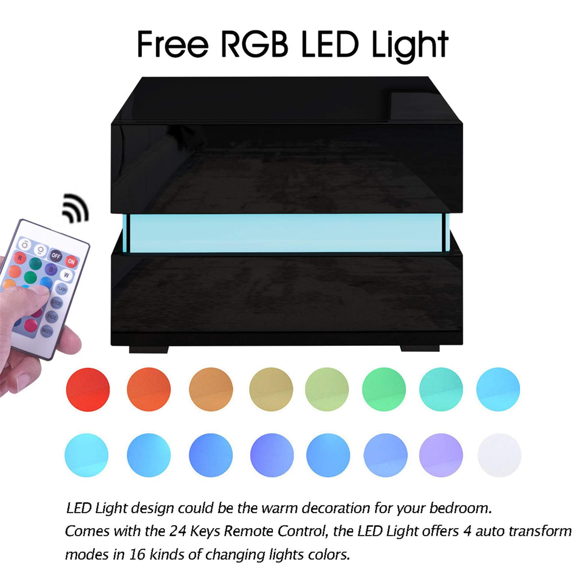 Nachttisch,Schwarzer Nachttisch mit LED Hochglanz Nachtschrank mit 2 Schubladen,Moderner Nachttische für Schlafzimmer Wohnzimmer 60 x 39 x 45 cm (Schwarz)