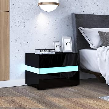 Nachttisch,Schwarzer Nachttisch mit LED Hochglanz Nachtschrank mit 2 Schubladen,Moderner Nachttische für Schlafzimmer Wohnzimmer 60 x 39 x 45 cm (Schwarz)