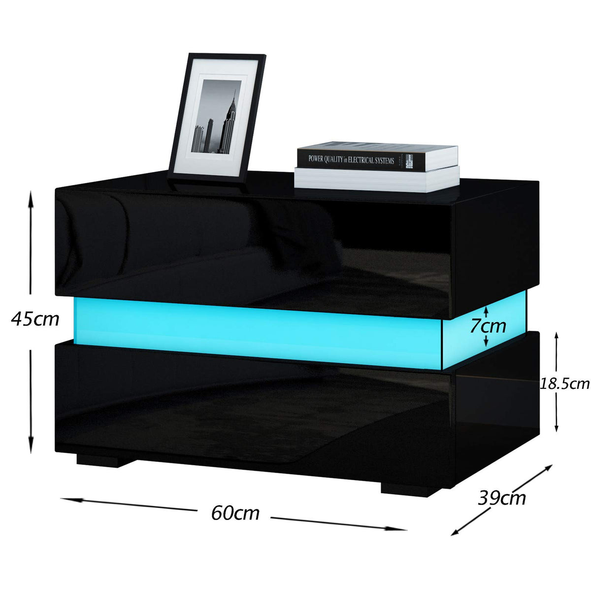 Nachttisch,Schwarzer Nachttisch mit LED Hochglanz Nachtschrank mit 2 Schubladen,Moderner Nachttische für Schlafzimmer Wohnzimmer 60 x 39 x 45 cm (Schwarz)