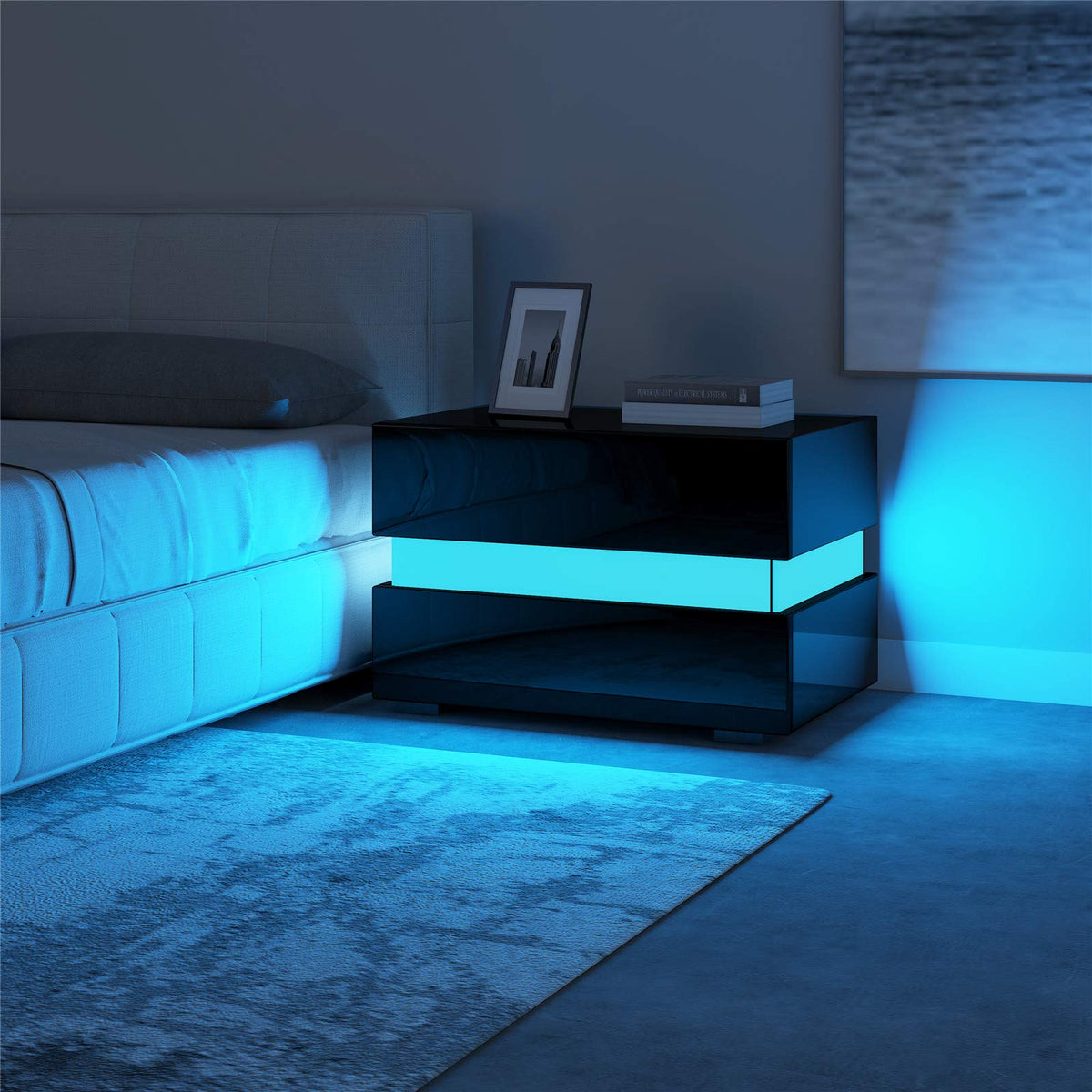 Nachttisch,Schwarzer Nachttisch mit LED Hochglanz Nachtschrank mit 2 Schubladen,Moderner Nachttische für Schlafzimmer Wohnzimmer 60 x 39 x 45 cm (Schwarz)