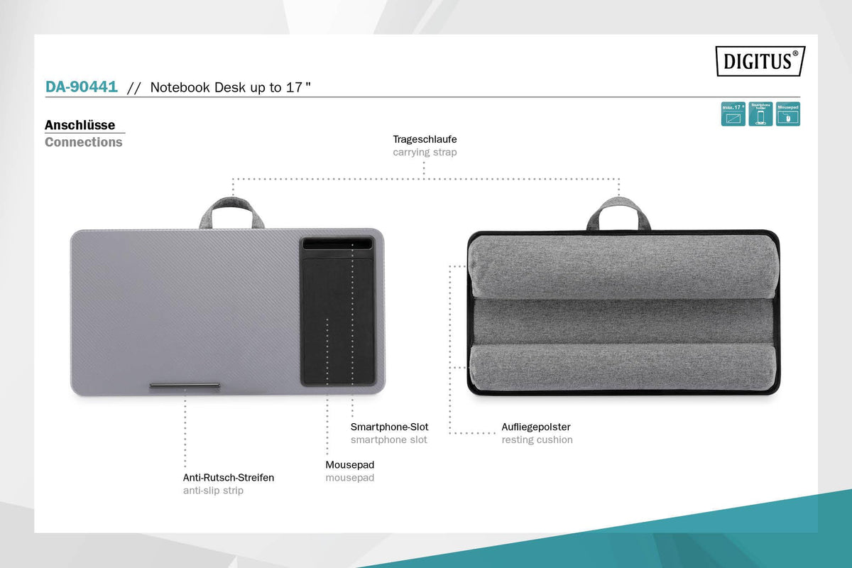DIGITUS Notebook Kissen - mit Smartphone-Halterung - für 17" Laptops - Laptopunterlage - zum bequemen Arbeiten vom Sofa oder Bett aus - Grau
