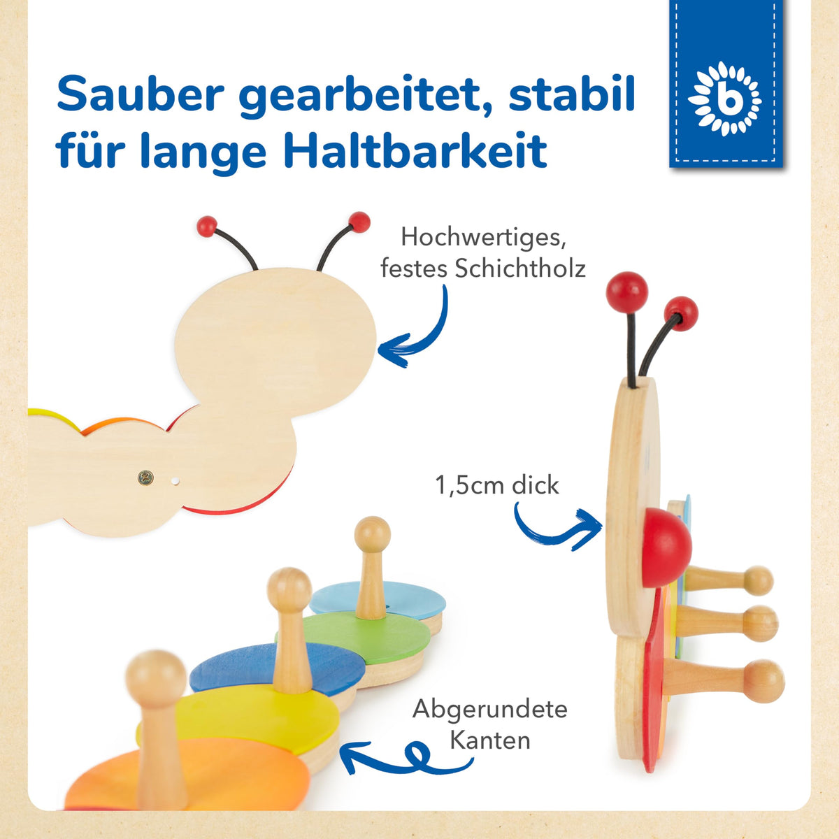 Bieco Kinder Garderobe Raupe | Kindergarderobe Holz mit Kinder Kleiderhaken | Garderoben-Leiste | Wandgarderobe | Kleiderhaken Garderoben | Garderobenleiste 38 cm 3 Haken