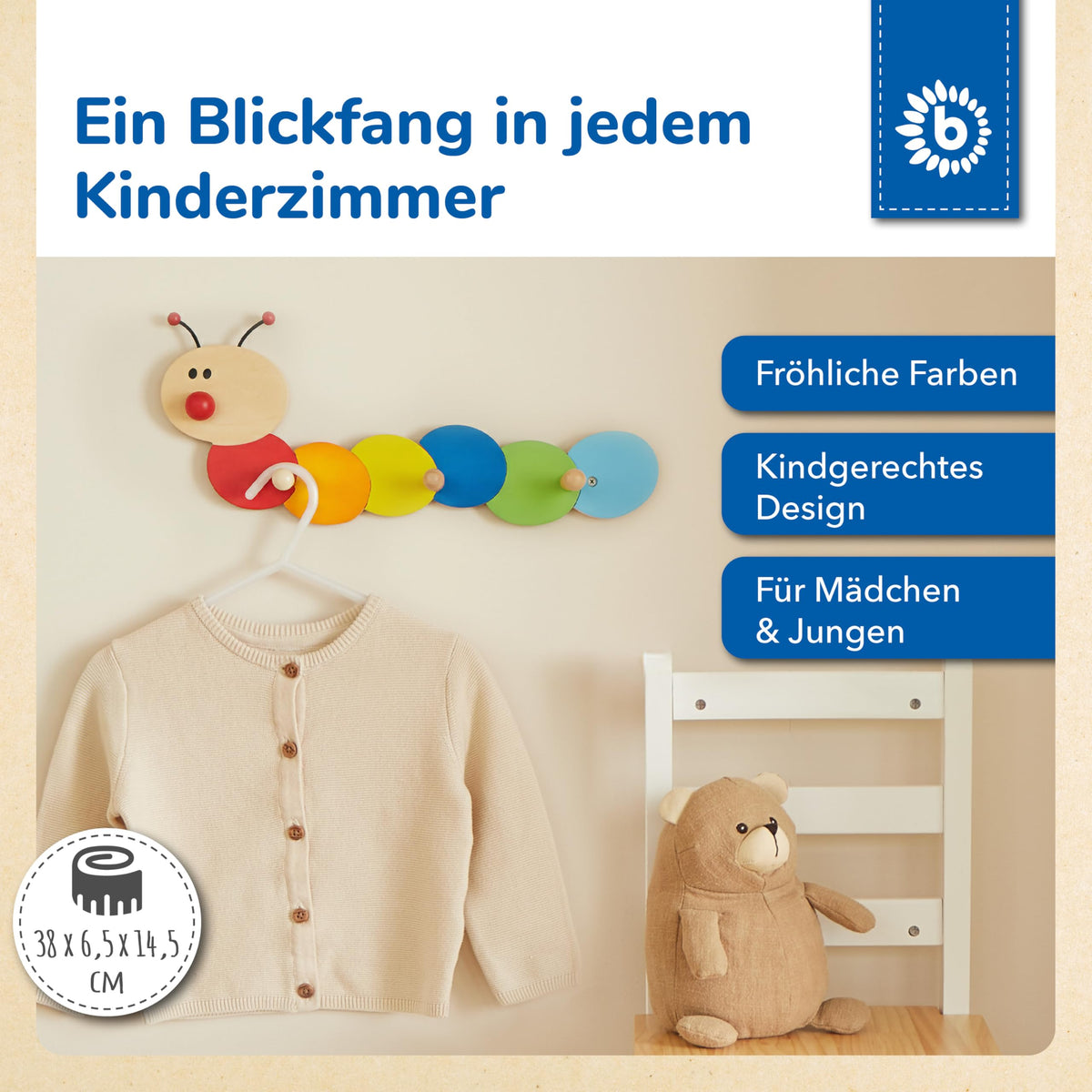 Bieco Kinder Garderobe Raupe | Kindergarderobe Holz mit Kinder Kleiderhaken | Garderoben-Leiste | Wandgarderobe | Kleiderhaken Garderoben | Garderobenleiste 38 cm 3 Haken