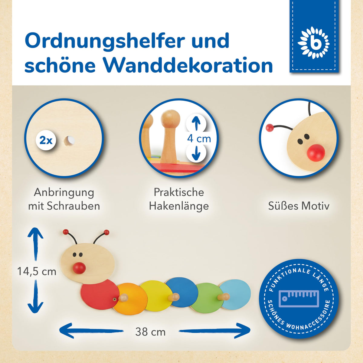 Bieco Kinder Garderobe Raupe | Kindergarderobe Holz mit Kinder Kleiderhaken | Garderoben-Leiste | Wandgarderobe | Kleiderhaken Garderoben | Garderobenleiste 38 cm 3 Haken