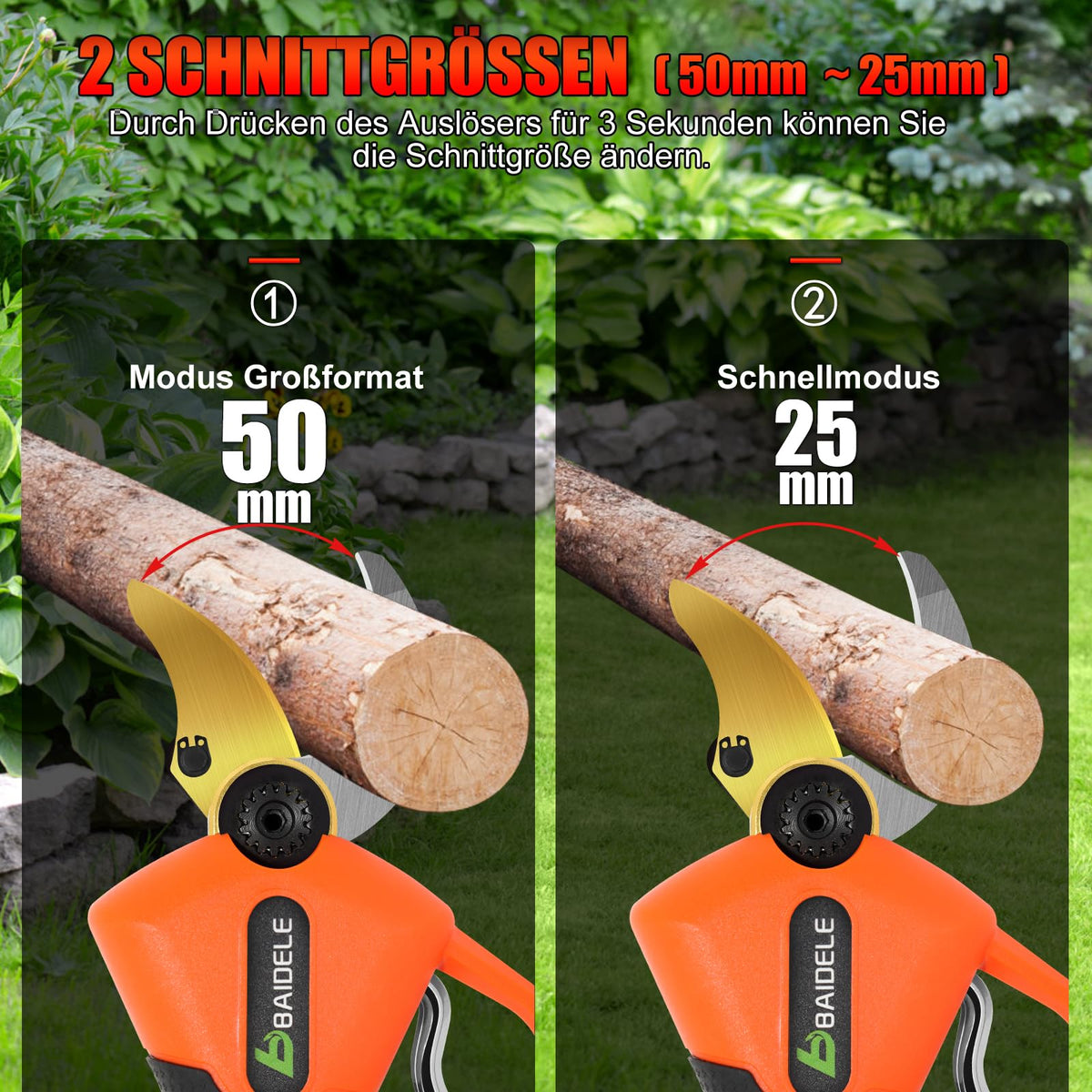 Elektrische Gartenschere 50MM, Akku Astschere mit 2 x 2,0 AH-Lithium-Akku