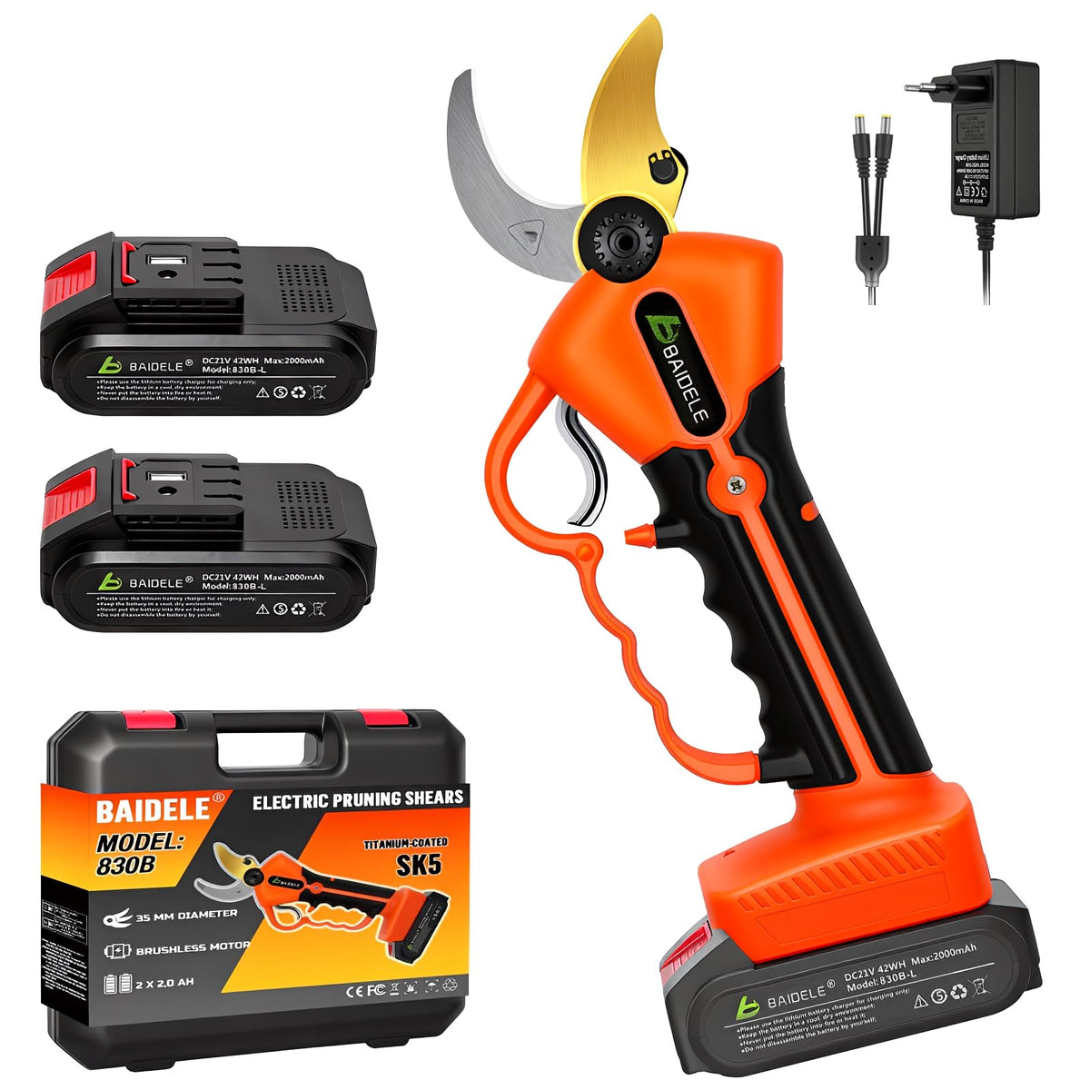 Elektrische Gartenschere 50MM, Akku Astschere mit 2 x 2,0 AH-Lithium-Akku